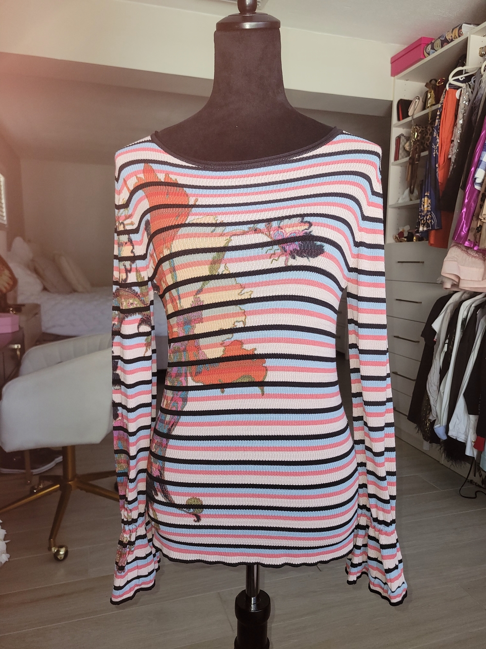 Etro 42 Striped Floral Long-Sleeve Women's Top - Pink/Black - Picture 1 of 3
